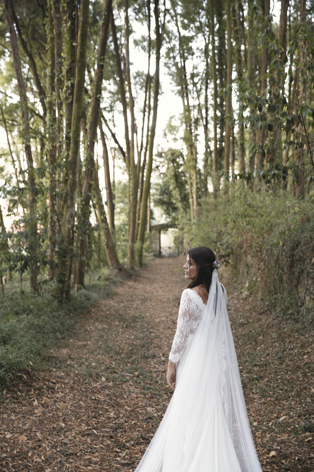 Retrato de la novia entre árboles en un bosque de Pontevedra