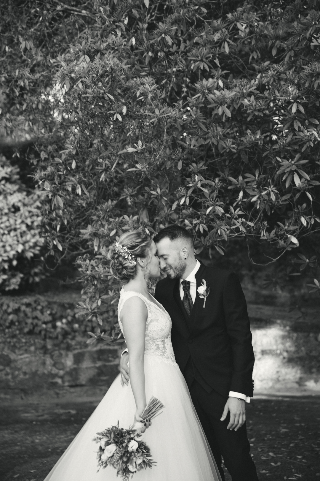 Beso de los novios en blanco y negro a contraluz